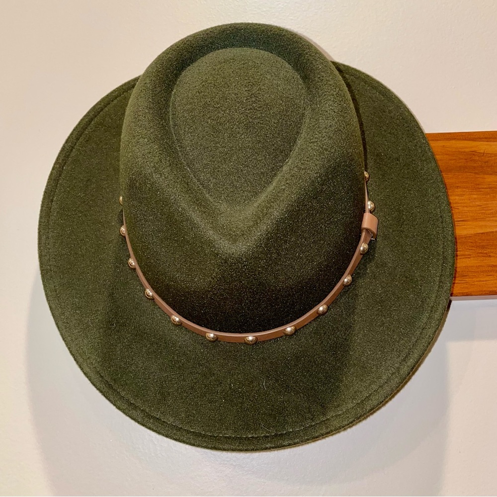 Brown Leather Belt Studded Green Suede Fedora